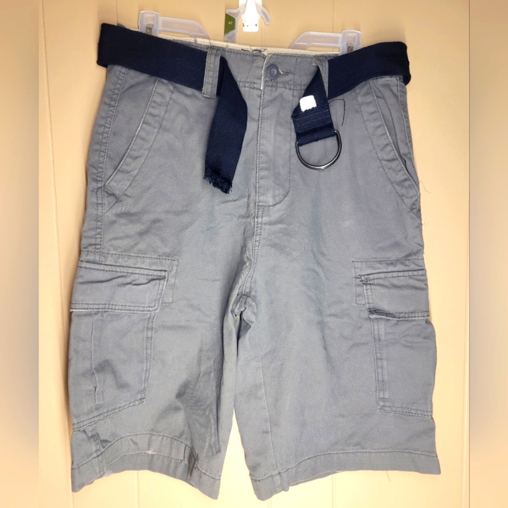 Plugg Shorts Mens 30 Gray Khaki Cargo Pockets Distressed Outdoor Casual Web Belt